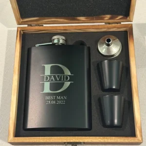 Personalised Engraved Whiskey Flask Set in Wooden Box